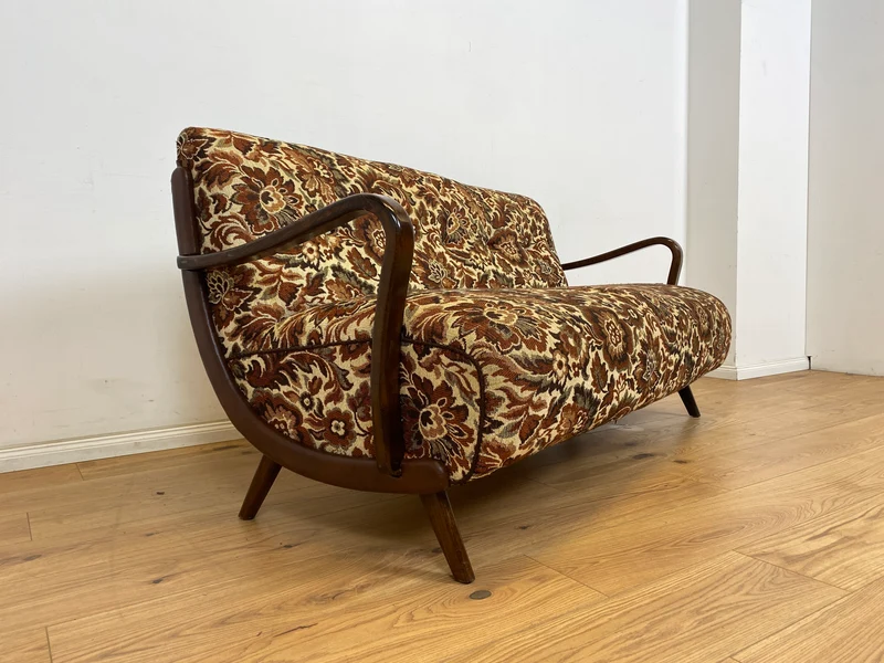 WMK Besonders schönes und sehr gut erhaltenes 1930er Jahre Art Deco Sofa , freistellend, mit floralem Originalbezug & bequemen Federkernsitz