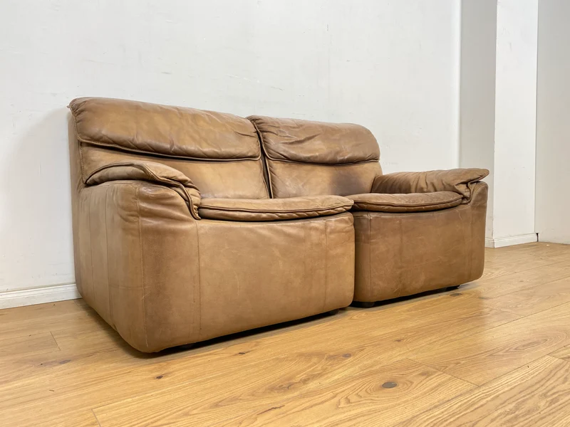 WMK Schöne & äußerst bequeme modulare Vintage Sitzgarnitur aus Sessel , 2er & 3er Sofa in Echtleder mit Patina