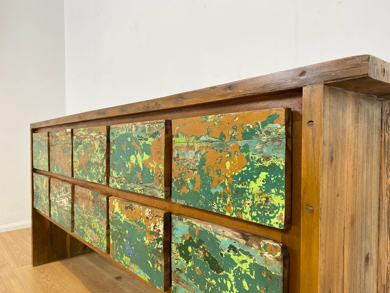 Boatwood by WMK # Einzigartiges Sideboard mit Schubladen, ein aus altem Bootsholz handgefertigtes Unikat aus massivem Teakholz