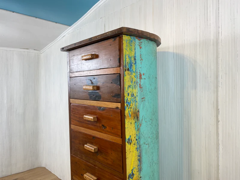 Boatwood by WMK # Besonderes Highboard aus altem Einbaum Boot mit 8 Schubladen , ein handgefertigtes Unikat aus massivem Teakholz