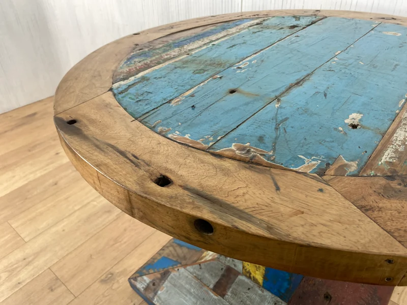 Boatwood by WMK # Formschöner und sehr robuster runder Esstisch aus altem Bootsholz, ein handgefertigtes Unikat aus massivem Teakholz