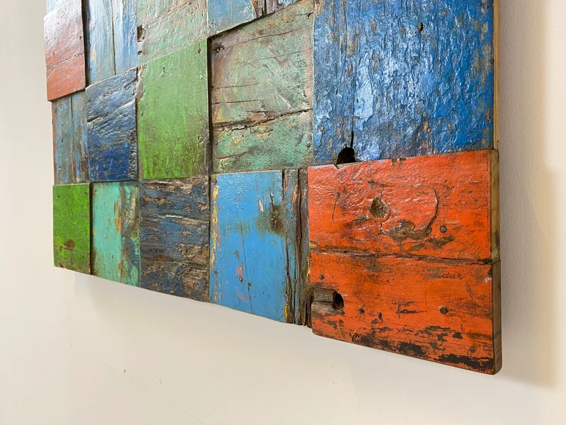 Boatwood by WMK # Großes Patchwork Wandbild 100x100cm, ein handgefertigtes Unikat aus recyceltem Bootsholz