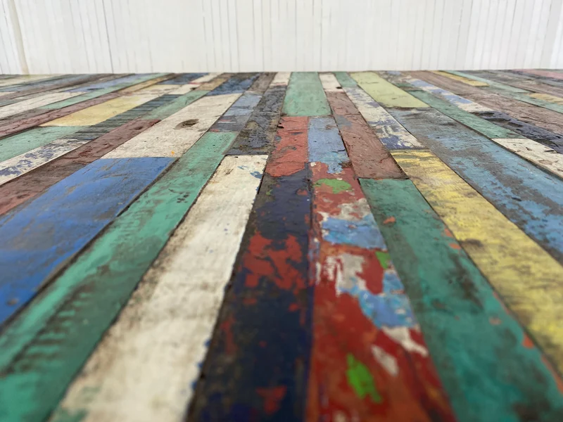 Boatwood by WMK # Wunderschöner Esstisch (140x90cm), ein aus altem Bootsholz handgefertigtes Unikat, Patchwork Teakholz auf Metallgestell