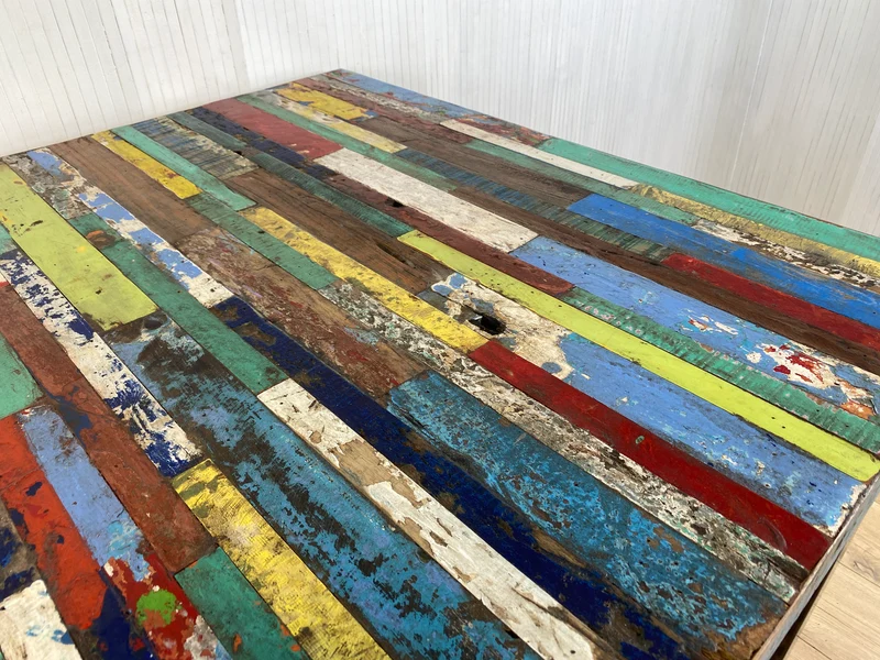 Boatwood by WMK # Wunderschöner Esstisch (140x90cm), ein aus altem Bootsholz handgefertigtes Unikat, Patchwork Teakholz auf Metallgestell