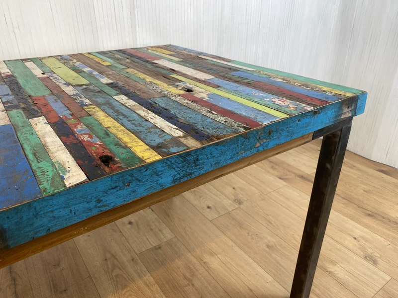 Boatwood by WMK # Wunderschöner Esstisch (140x90cm), ein aus altem Bootsholz handgefertigtes Unikat, Patchwork Teakholz auf Metallgestell