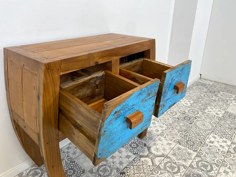 Boatwood by WMK # Formschöne Kommode mit zwei Schubladen , ein aus altem Bootsholz handgefertigtes Unikat aus massivem Teakholz