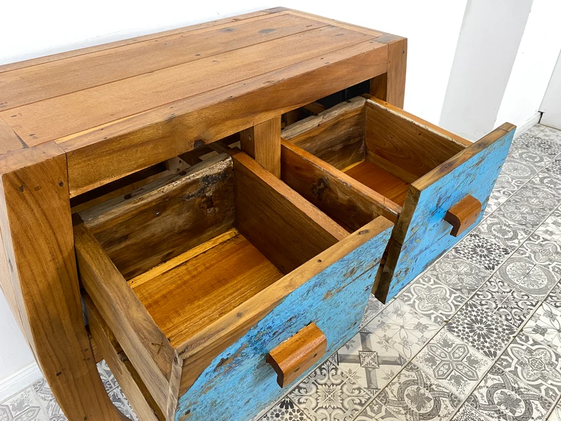 Boatwood by WMK # Formschöne Kommode mit zwei Schubladen , ein aus altem Bootsholz handgefertigtes Unikat aus massivem Teakholz