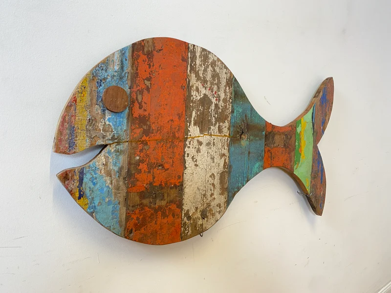 Boatwood by WMK # 1/4 Großer nachhaltiger Südseefisch (ca. 105x53cm) aus altem Bootsholz, ein handgefertigtes Unikat aus massivem Teakholz