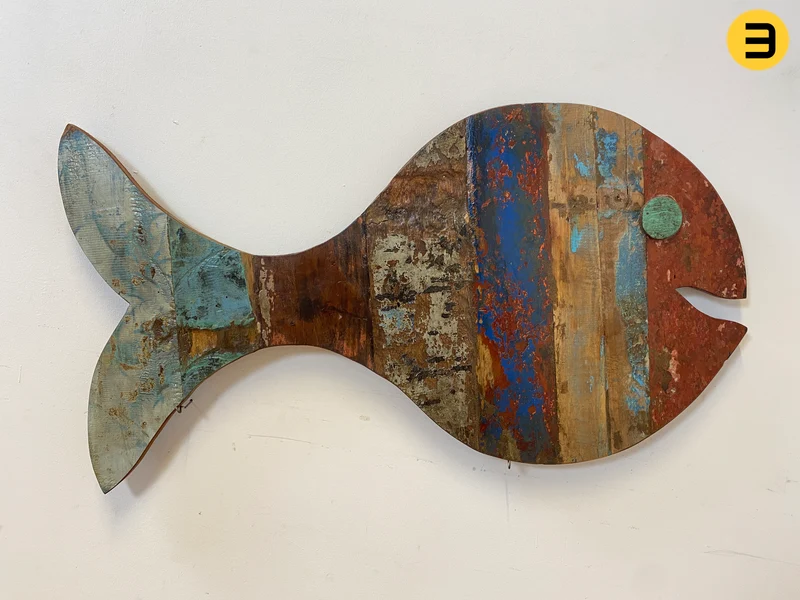 Boatwood by WMK # 1/4 Großer nachhaltiger Südseefisch (ca. 105x53cm) aus altem Bootsholz, ein handgefertigtes Unikat aus massivem Teakholz