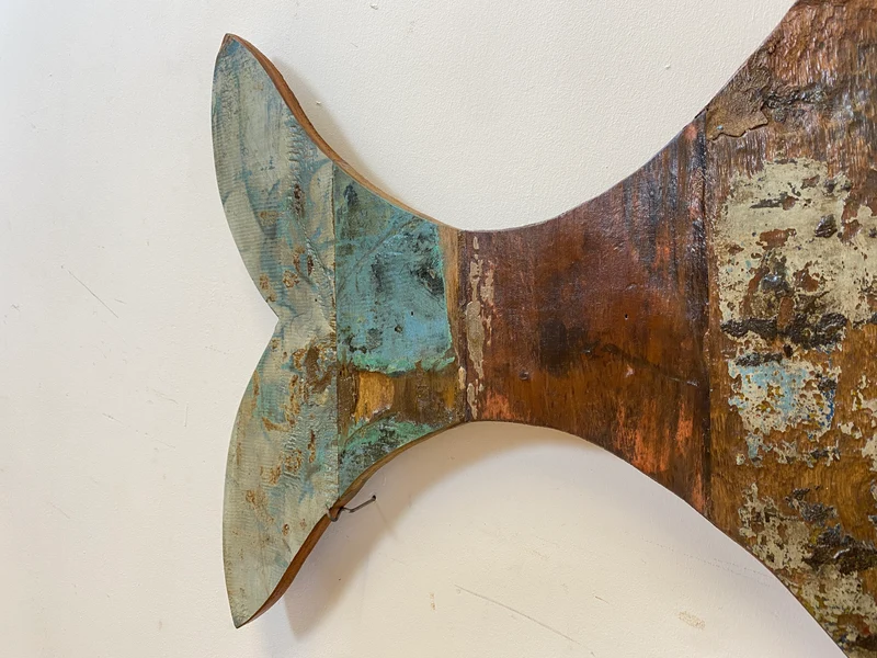 Boatwood by WMK # 1/4 Großer nachhaltiger Südseefisch (ca. 105x53cm) aus altem Bootsholz, ein handgefertigtes Unikat aus massivem Teakholz