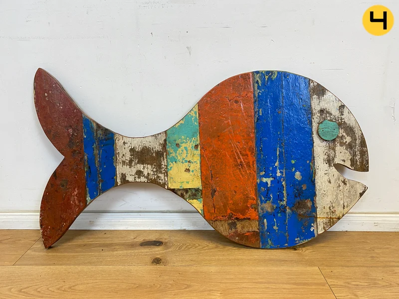 Boatwood by WMK # 1/4 Großer nachhaltiger Südseefisch (ca. 105x53cm) aus altem Bootsholz, ein handgefertigtes Unikat aus massivem Teakholz
