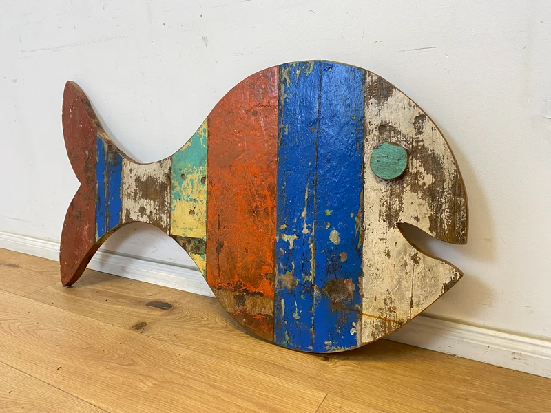 Boatwood by WMK # 1/4 Großer nachhaltiger Südseefisch (ca. 105x53cm) aus altem Bootsholz, ein handgefertigtes Unikat aus massivem Teakholz