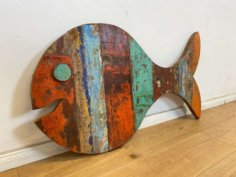 Boatwood by WMK # 1/4 Großer nachhaltiger Südseefisch (ca. 105x53cm) aus altem Bootsholz, ein handgefertigtes Unikat aus massivem Teakholz