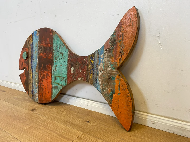 Boatwood by WMK # 1/4 Großer nachhaltiger Südseefisch (ca. 105x53cm) aus altem Bootsholz, ein handgefertigtes Unikat aus massivem Teakholz