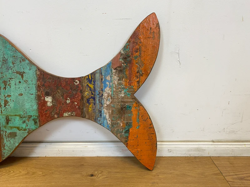 Boatwood by WMK # 1/4 Großer nachhaltiger Südseefisch (ca. 105x53cm) aus altem Bootsholz, ein handgefertigtes Unikat aus massivem Teakholz