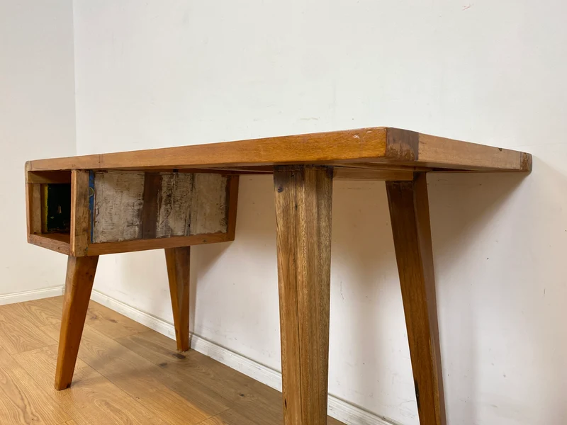 Boatwood by WMK # Formschöner und beidseitig verwendbarer Schreibtisch aus altem Bootsholz, ein handgefertigtes Unikat aus massivem Teakholz