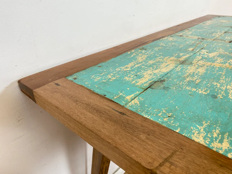 Boatwood by WMK # Formschöner und beidseitig verwendbarer Schreibtisch aus altem Bootsholz, ein handgefertigtes Unikat aus massivem Teakholz