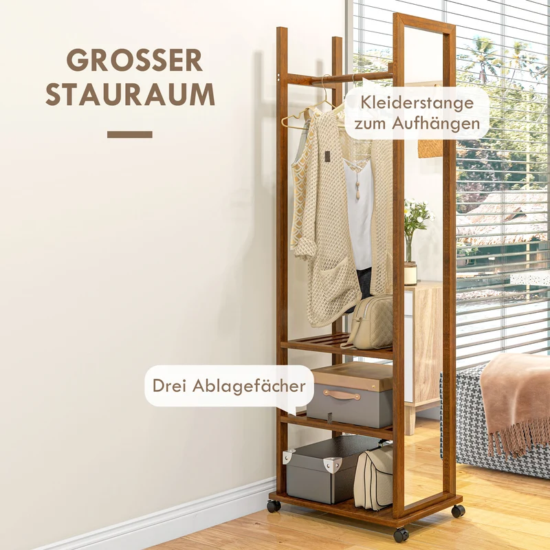 HOMCOM – Standspiegel mit Garderobe, Kleiderstange, 3 Ablagen und Rollen, Kiefernholz, Walnuss
