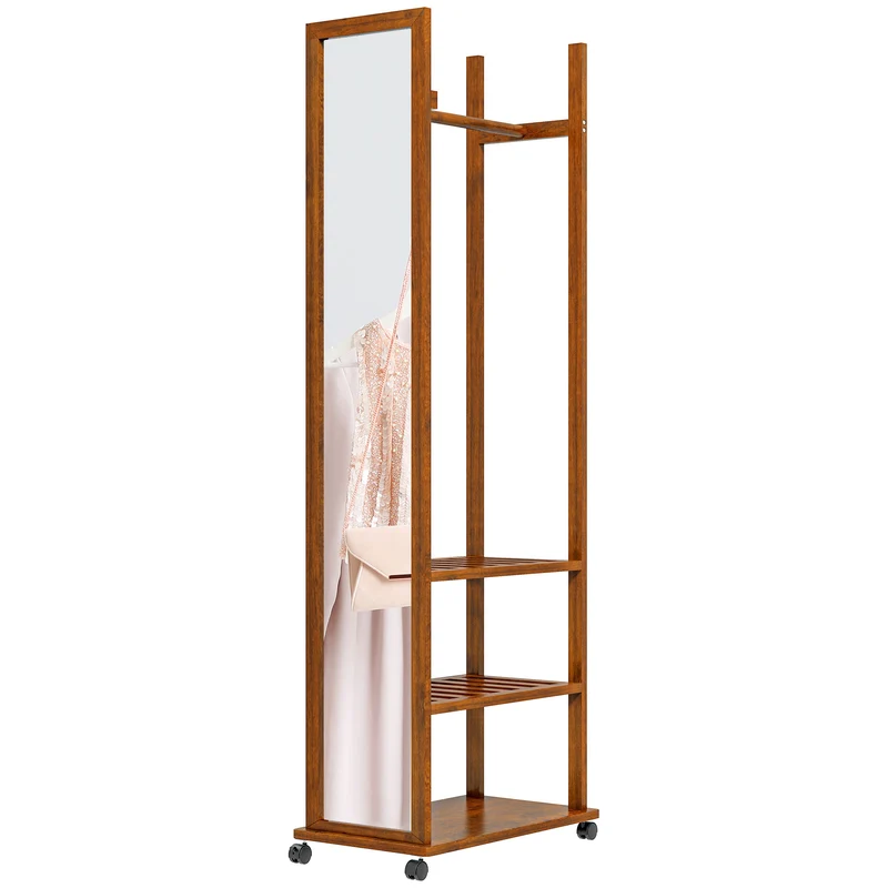 HOMCOM – Standspiegel mit Garderobe, Kleiderstange, 3 Ablagen und Rollen, Kiefernholz, Walnuss