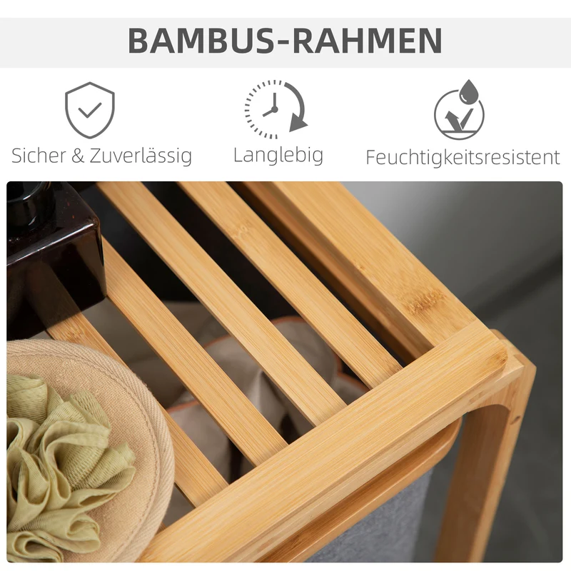 HOMCOM - Wäschekorb 3 Fächer, Wäschekorb mit Ablage, Wäschesammler, Wäschebehälter, mit Plattform Bambus, Wäschesäcken, Wäschesortierer, Grau Natur