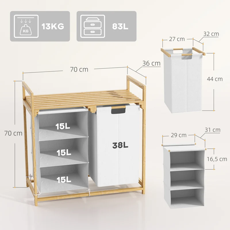 HOMCOM - Wäschekorb, Wäschekorb mit Ablage, Wäschesammler, 83L - 4 Fächer, Wäschebox, Badezimmer Regal, mit offene Ablagen, Bambus, Weiß