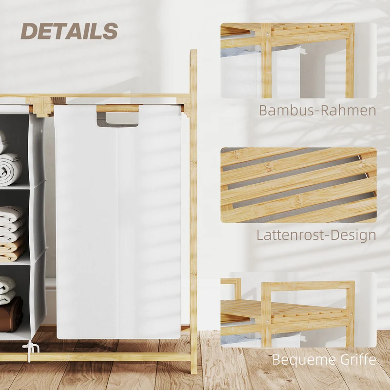 HOMCOM - Wäschekorb, Wäschekorb mit Ablage, Wäschesammler, 83L - 4 Fächer, Wäschebox, Badezimmer Regal, mit offene Ablagen, Bambus, Weiß