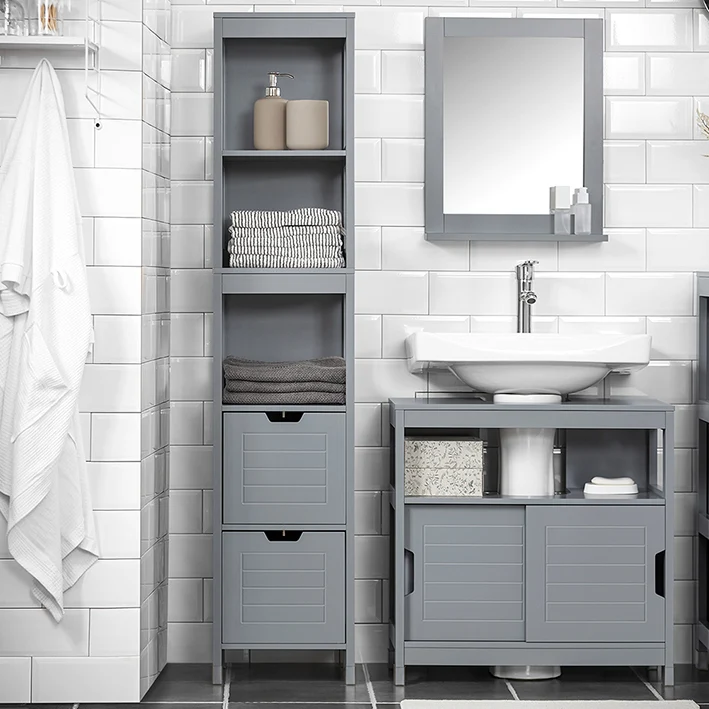 SoBuy Badezimmer Hochschrank 145cm Stahlgrau mit 2 Körben - Badschrank 30x30cm FRG126-SG