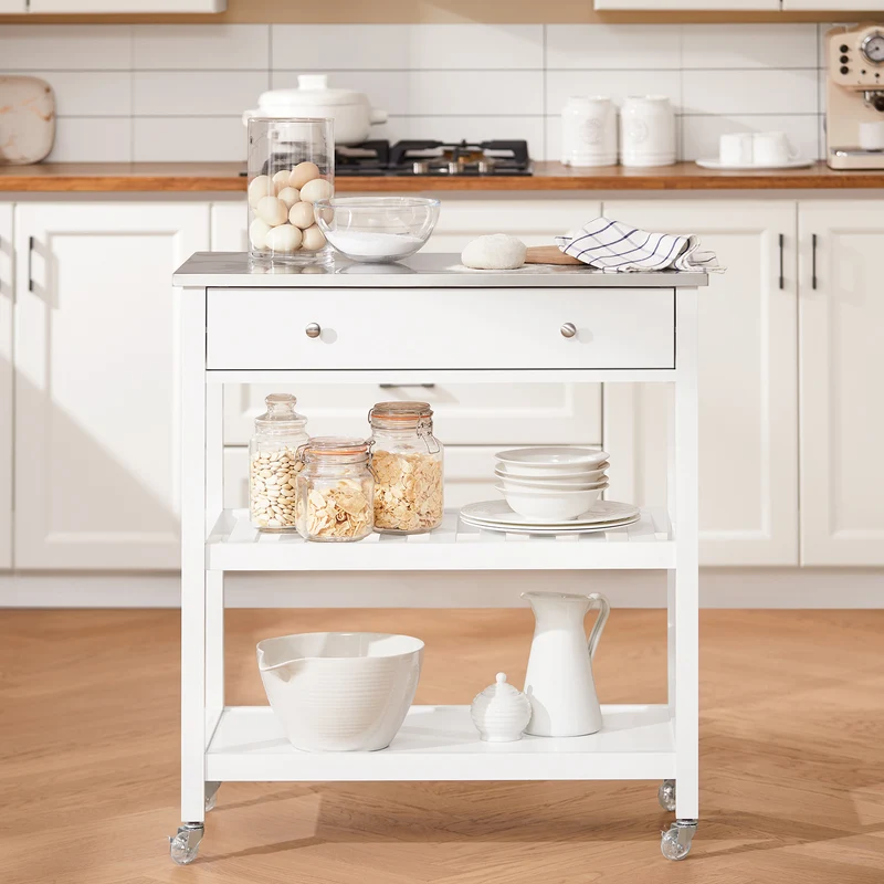 SoBuy | Küchenwagen mit Edelstahlplatte | Sideboard | Servierwagen Weiß | 81x90x45cm | FKW47-II-W
