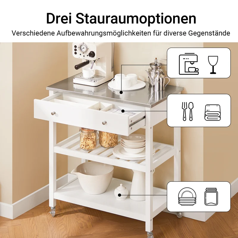 SoBuy | Küchenwagen mit Edelstahlplatte | Sideboard | Servierwagen Weiß | 81x90x45cm | FKW47-II-W
