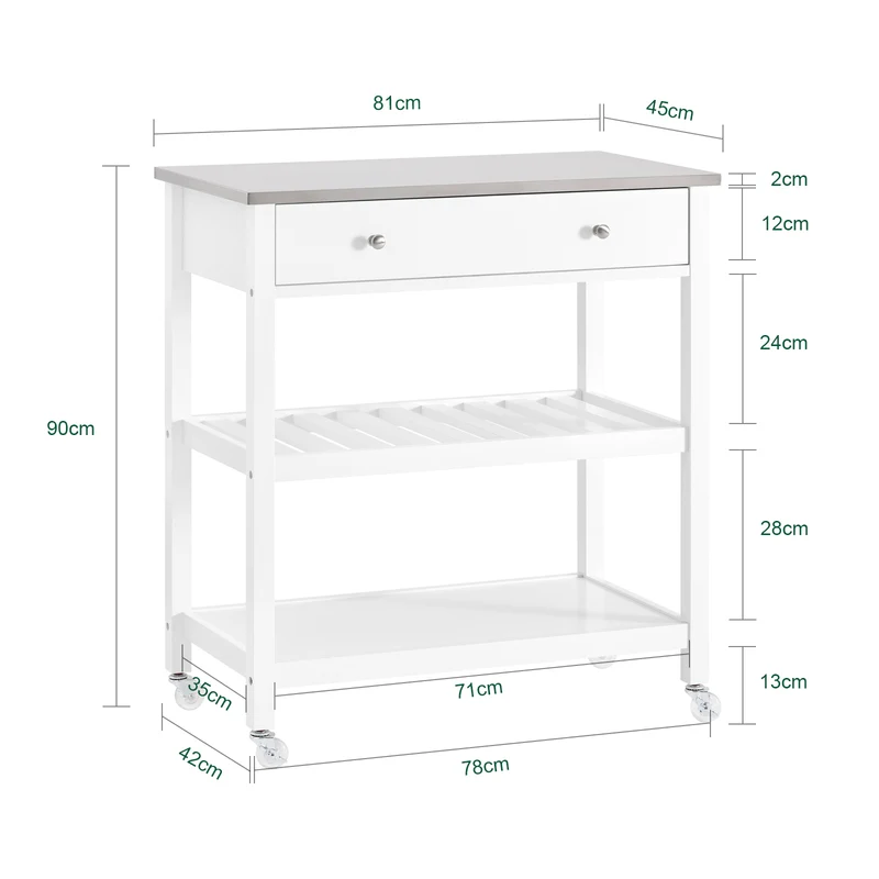 SoBuy | Küchenwagen mit Edelstahlplatte | Sideboard | Servierwagen Weiß | 81x90x45cm | FKW47-II-W