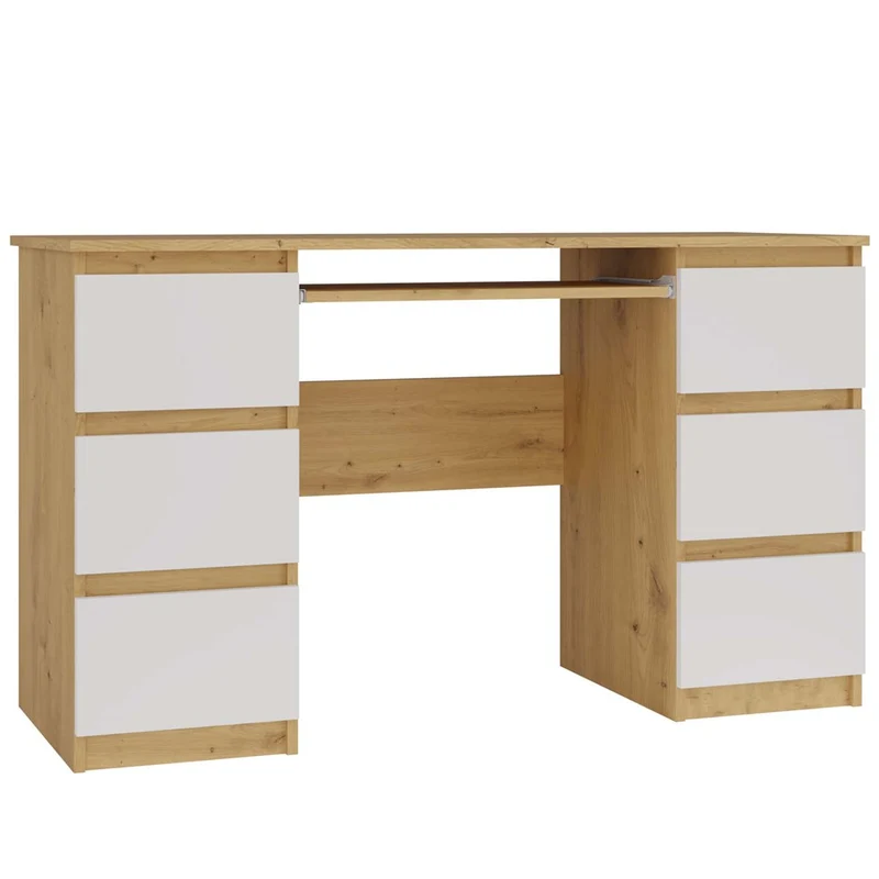 SCHREIBTISCH KUBA EICHE ARTISAN WEISS 130 CM 6 SCHUBLADEN + TASTATURABLAGE FÜR DAS BÜRO