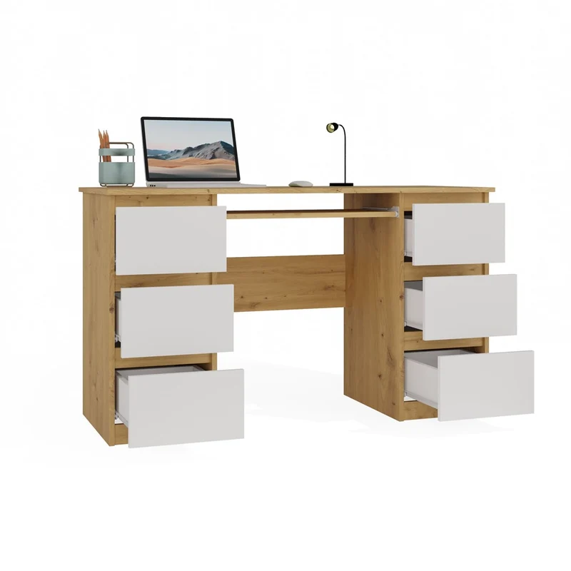 SCHREIBTISCH KUBA EICHE ARTISAN WEISS 130 CM 6 SCHUBLADEN + TASTATURABLAGE FÜR DAS BÜRO