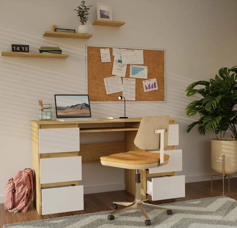 SCHREIBTISCH KUBA EICHE ARTISAN WEISS 130 CM 6 SCHUBLADEN + TASTATURABLAGE FÜR DAS BÜRO