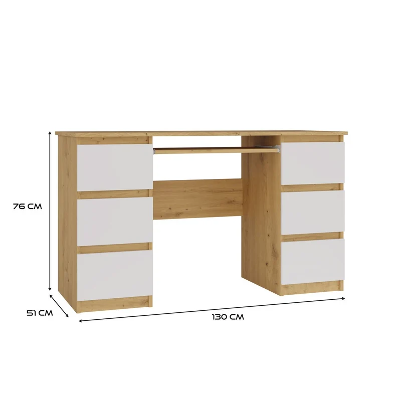SCHREIBTISCH KUBA EICHE ARTISAN WEISS 130 CM 6 SCHUBLADEN + TASTATURABLAGE FÜR DAS BÜRO