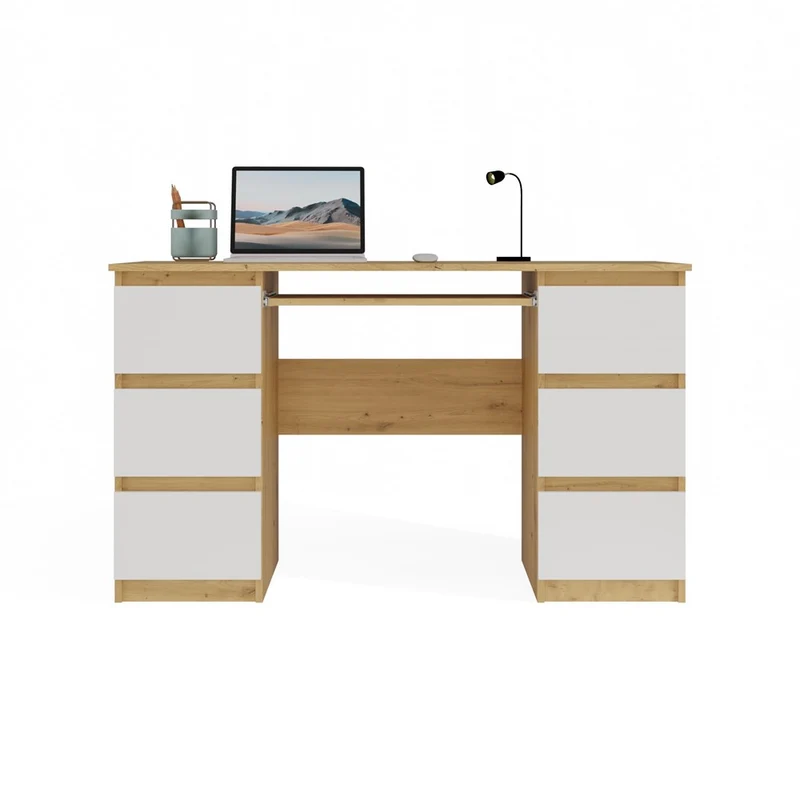 SCHREIBTISCH KUBA EICHE ARTISAN WEISS 130 CM 6 SCHUBLADEN + TASTATURABLAGE FÜR DAS BÜRO