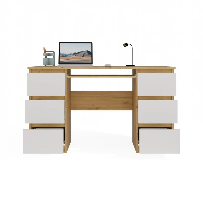 SCHREIBTISCH KUBA EICHE ARTISAN WEISS 130 CM 6 SCHUBLADEN + TASTATURABLAGE FÜR DAS BÜRO