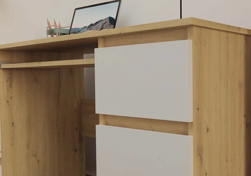 SCHREIBTISCH KUBA EICHE ARTISAN WEISS 130 CM 6 SCHUBLADEN + TASTATURABLAGE FÜR DAS BÜRO