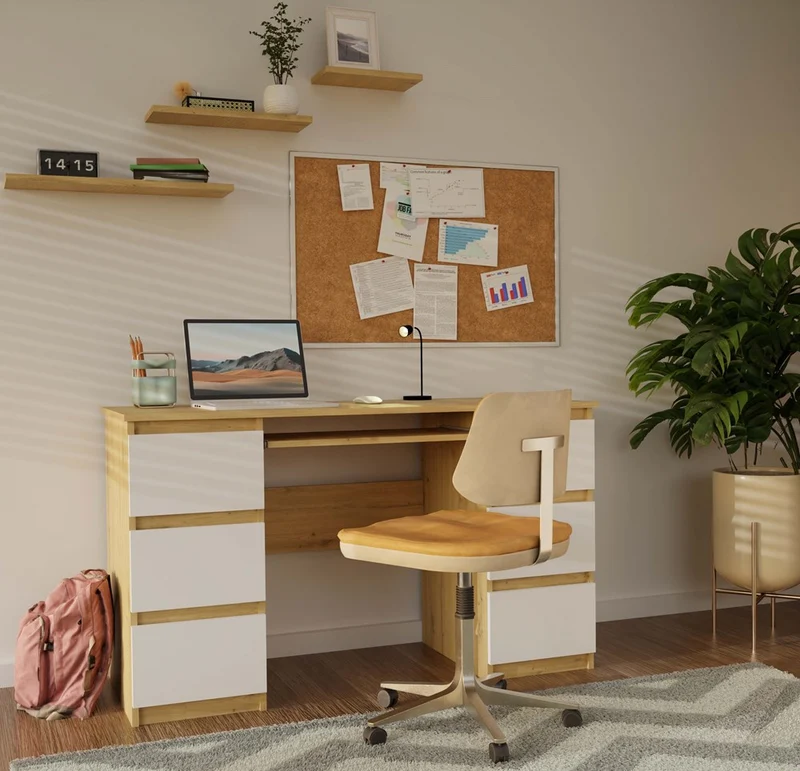 SCHREIBTISCH KUBA EICHE ARTISAN WEISS 130 CM 6 SCHUBLADEN + TASTATURABLAGE FÜR DAS BÜRO