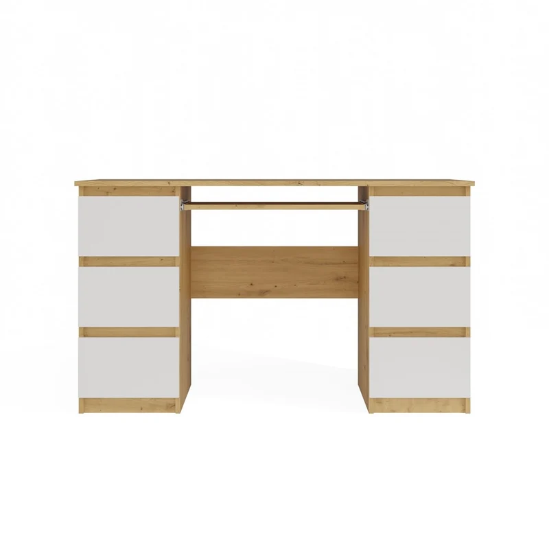 SCHREIBTISCH KUBA EICHE ARTISAN WEISS 130 CM 6 SCHUBLADEN + TASTATURABLAGE FÜR DAS BÜRO