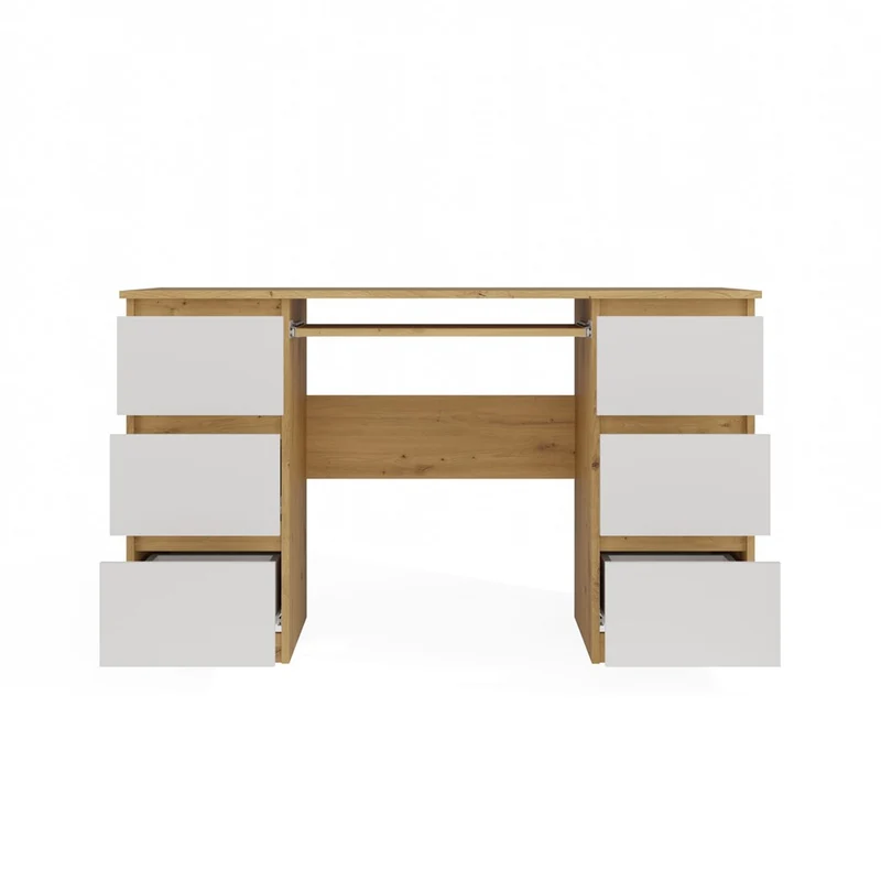 SCHREIBTISCH KUBA EICHE ARTISAN WEISS 130 CM 6 SCHUBLADEN + TASTATURABLAGE FÜR DAS BÜRO