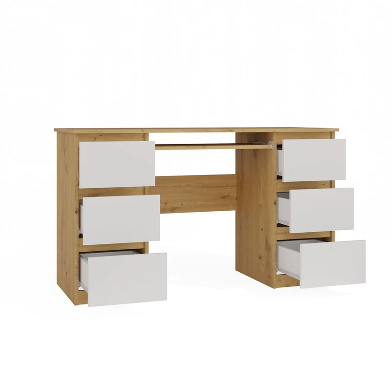 SCHREIBTISCH KUBA EICHE ARTISAN WEISS 130 CM 6 SCHUBLADEN + TASTATURABLAGE FÜR DAS BÜRO