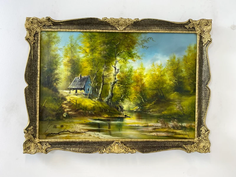 WMK Farbenintensives & sehr gut gemaltes Öl auf Leinwand Landschaftsgemälde, 111x80cm, signiert mit PR98, in gut erhaltenem Stuckrahmen in Gold