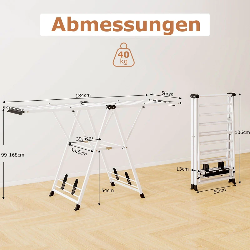 Costway - Wäscheständer Platzsparend, Wäscheständer Klappbar, Höhenverstellbare Flügeln, Sockenklammern & Schuhablage, Lange 184cm, Weiß