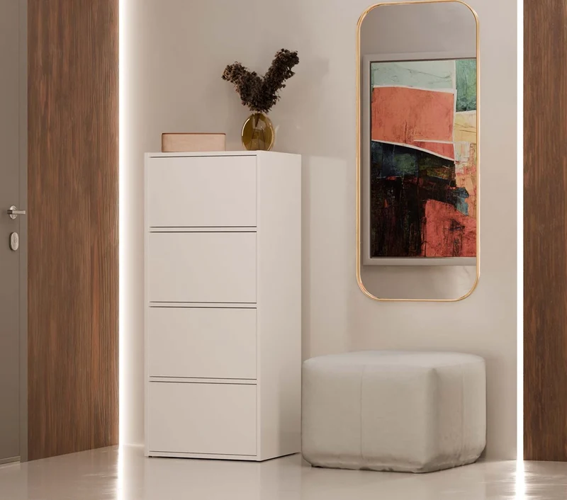 Schrank Alma | Farbe: Weiß | Ideal für Wohnzimmer, Flur, Büro, Schlafzimmer | Schuhablage | Schuhregale | Modern | Regale