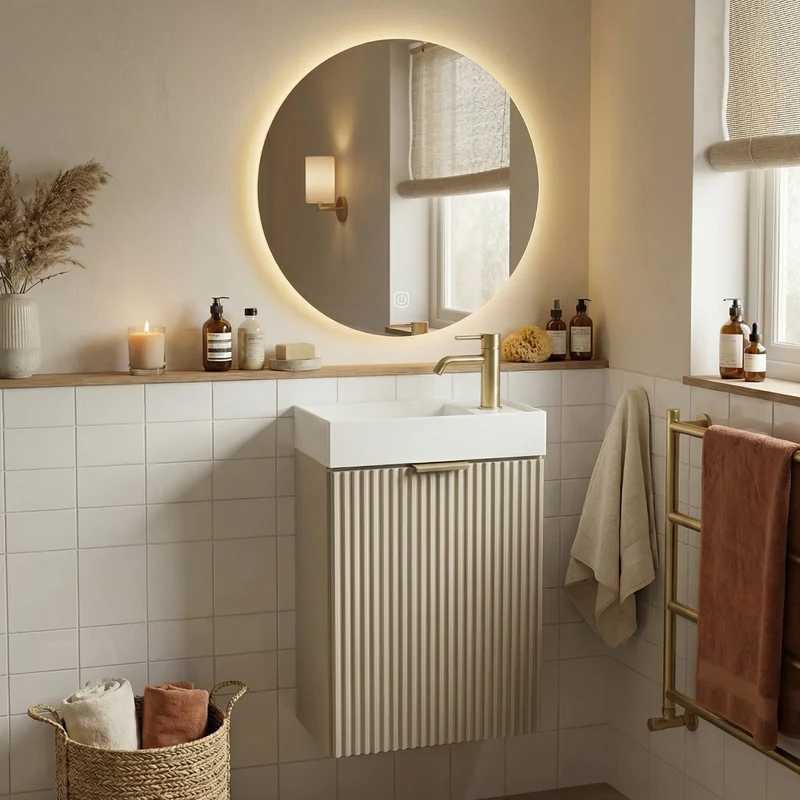 Badmöbel-Set: 40 cm Schrank mit Waschbecken und LED-Spiegel HZJ 050 Willy - Kaschmir
