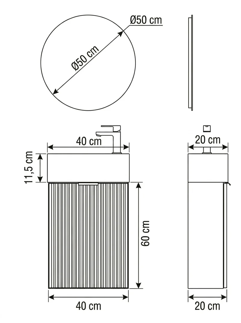 Badmöbel-Set: 40 cm Schrank mit Waschbecken und LED-Spiegel HZJ 050 Willy - Salbei