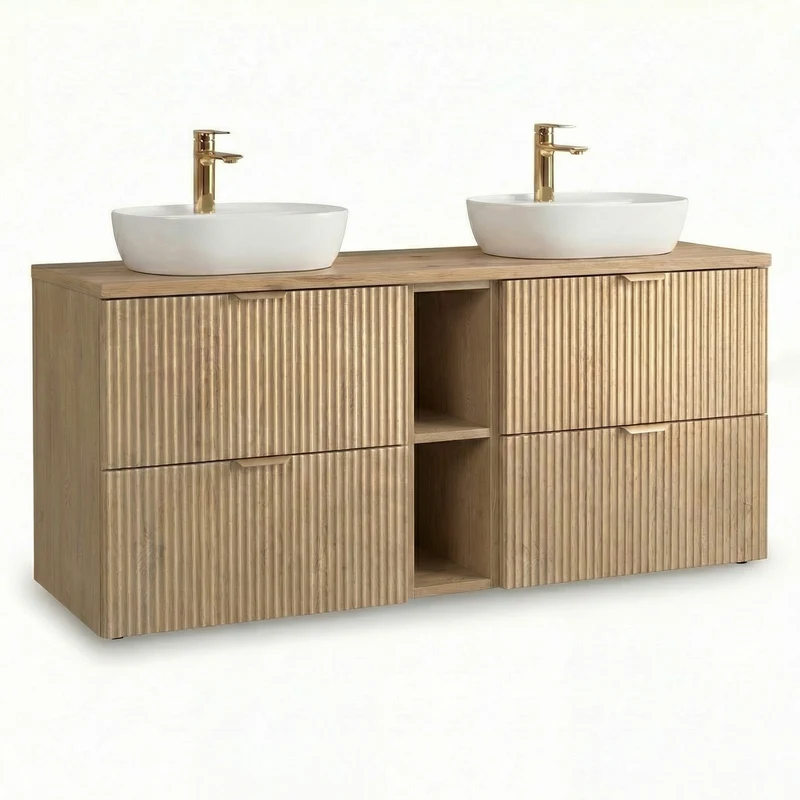 Badmöbel-Set: 140 cm Schrank mit Regal und 2 Waschbecken Willy - Eiche Cremona
