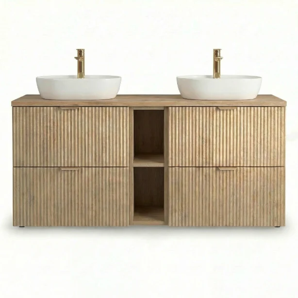 Badmöbel-Set: 140 cm Schrank mit Regal und 2 Waschbecken Willy - Eiche Cremona