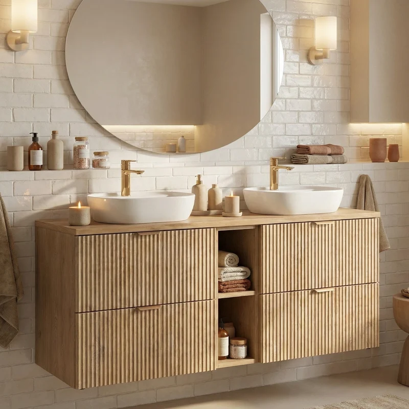 Badmöbel-Set: 140 cm Schrank mit Regal und 2 Waschbecken Willy - Eiche Cremona