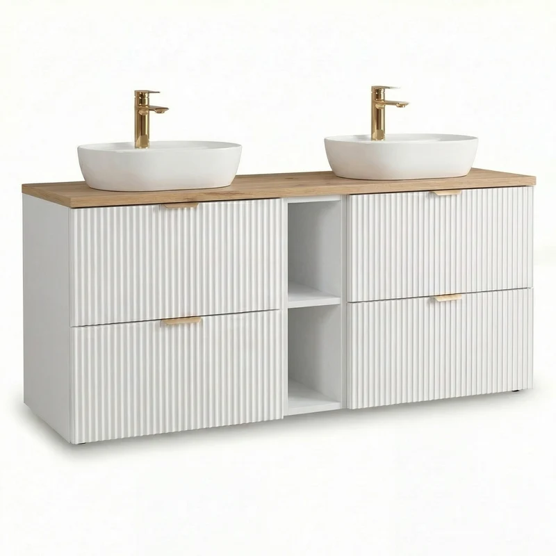 Badmöbel-Set: 140 cm Schrank mit Regal und 2 Waschbecken Willy - Weiß, Walnussplatte